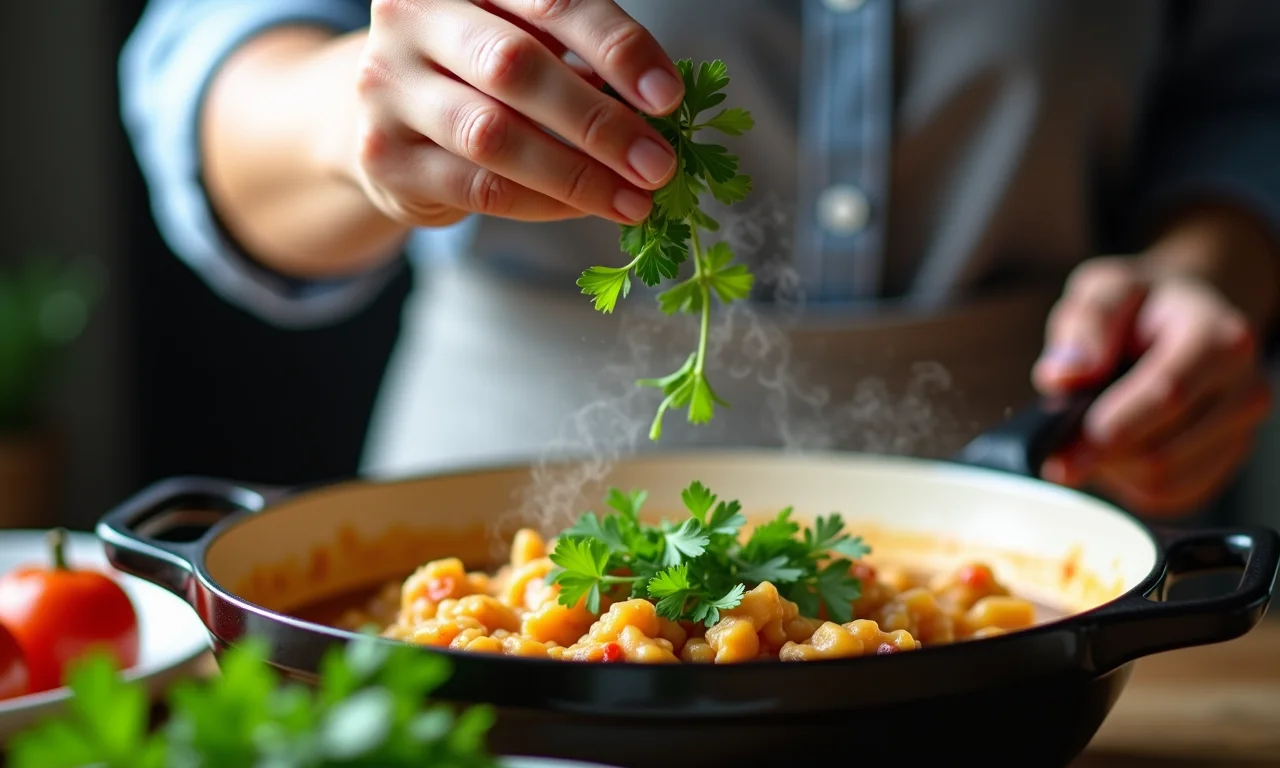 Mãos adicionando salsinha fresca a uma panela de Dobradinha Baiana.