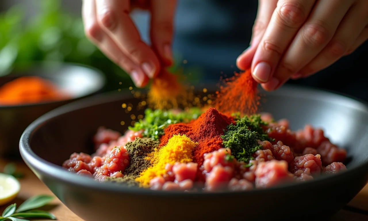 Mãos adicionando temperos coloridos à carne moída para almôndegas.