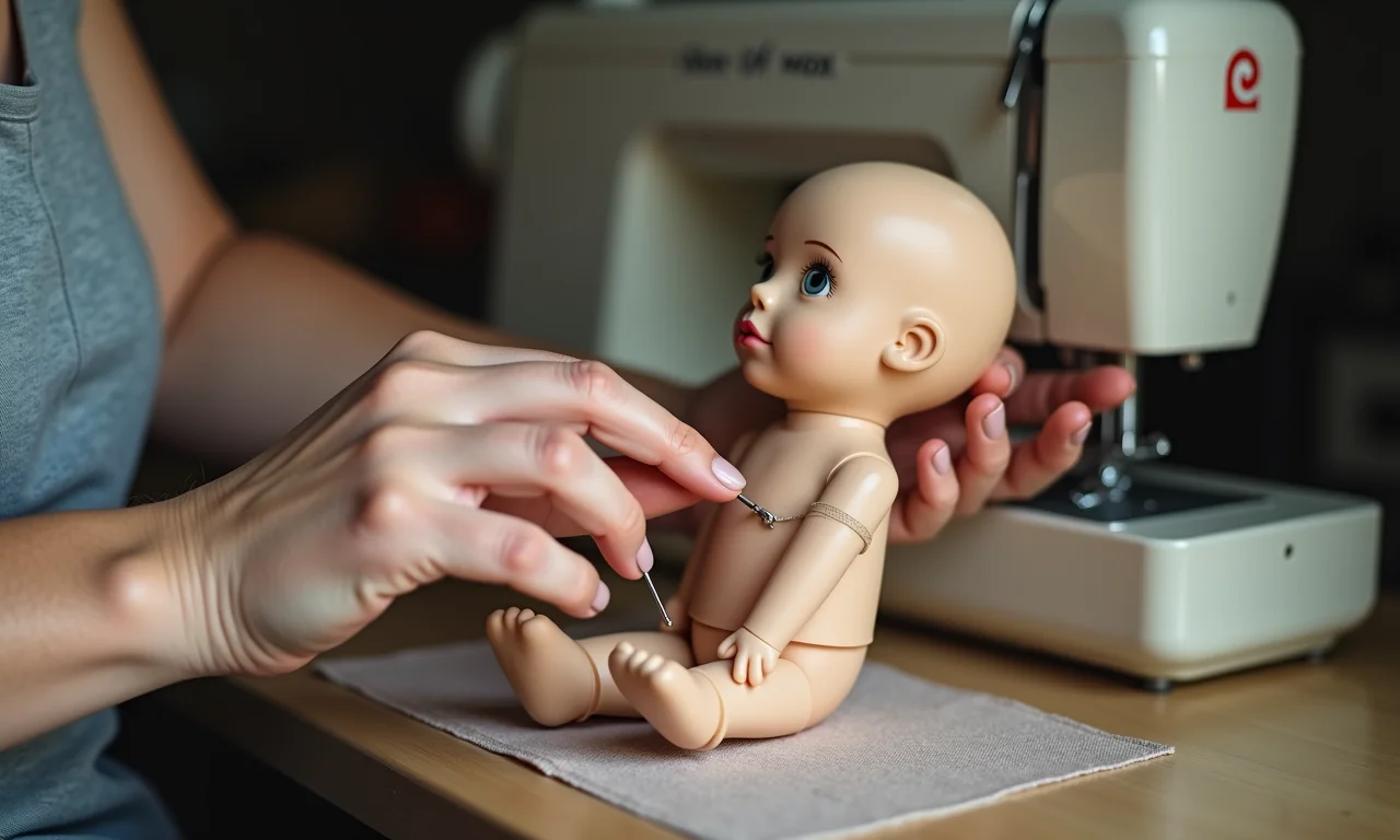 Mãos alinhando partes do fantoche para garantir que ele não fique torto.