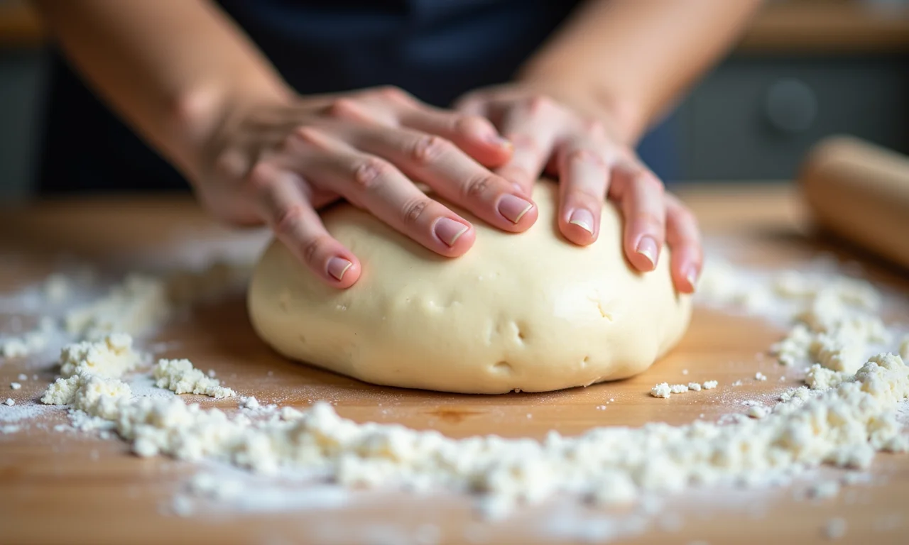 Mãos amassando a massa do pão de doce em superfície de madeira.