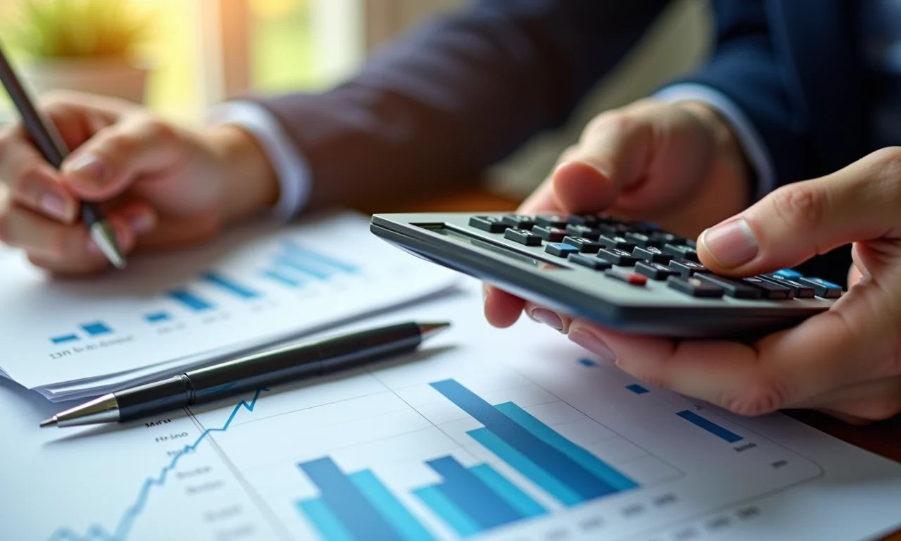 Mãos analisando números da Lotofácil com calculadora.