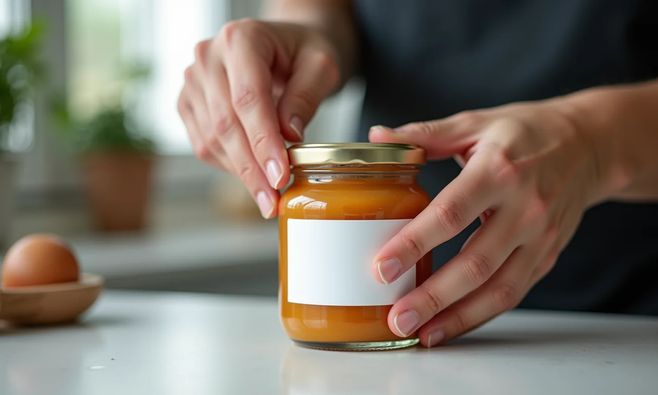 Mãos aplicando cuidadosamente uma etiqueta em um pote de vidro limpo.