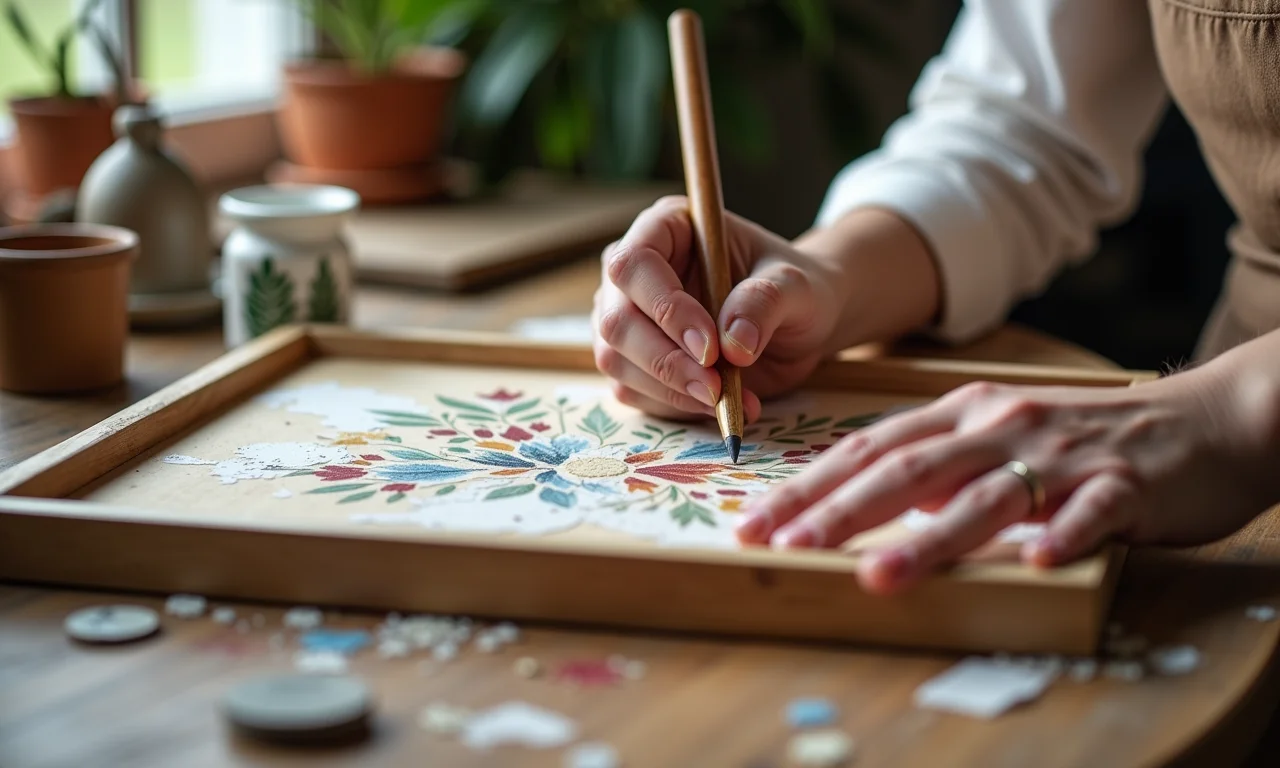 Mãos aplicando decoupage em moldura de madeira com materiais Daiara.