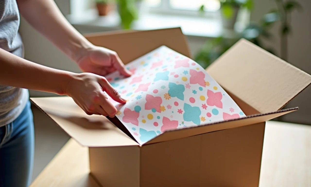Mãos aplicando papel Contact estampado em caixa de papelão.