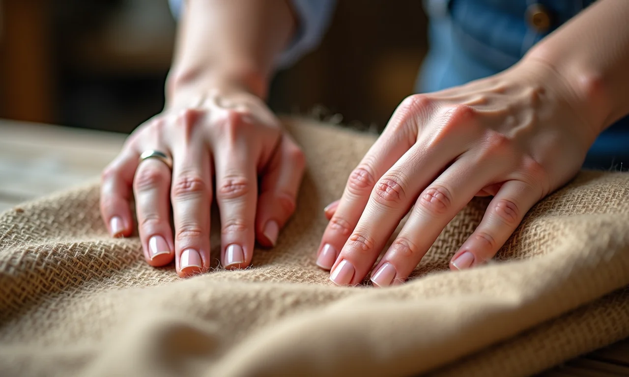 Mãos avaliando a qualidade de diferentes tecidos de juta.