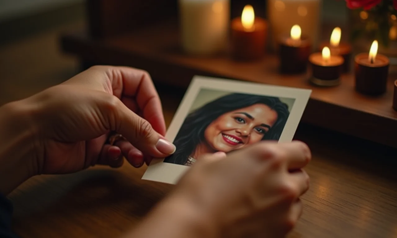Mãos colocando foto de pessoa amada em altar