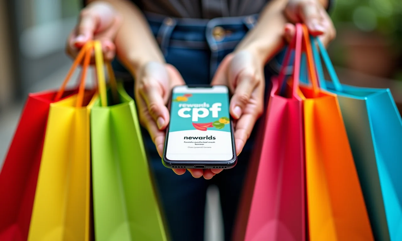 Mãos com sacolas e app de recompensas do CPF na nota.
