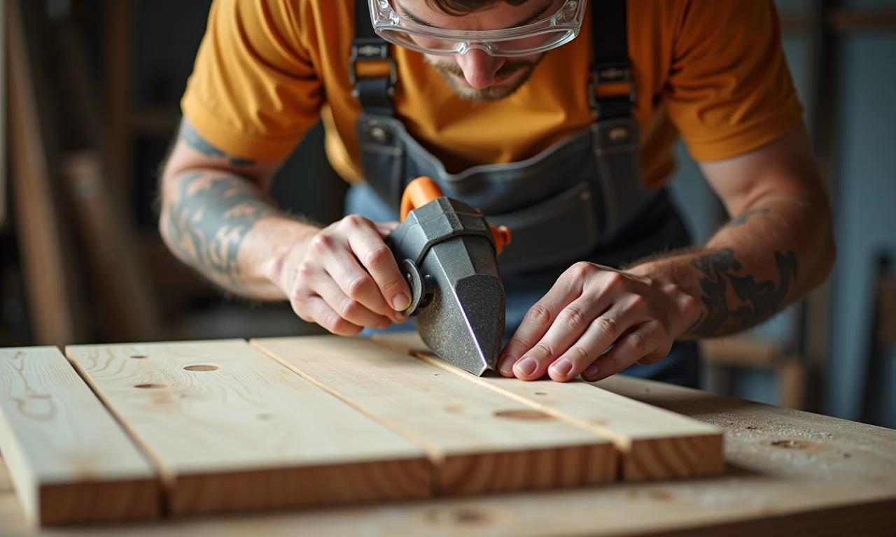 Mãos cortando madeira para portinha de cachorro com serra, atenção aos detalhes.