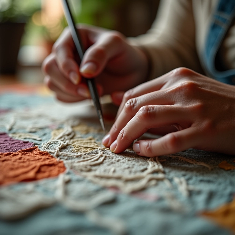 Mãos costurando retalhos com dedal para criar tapete único.