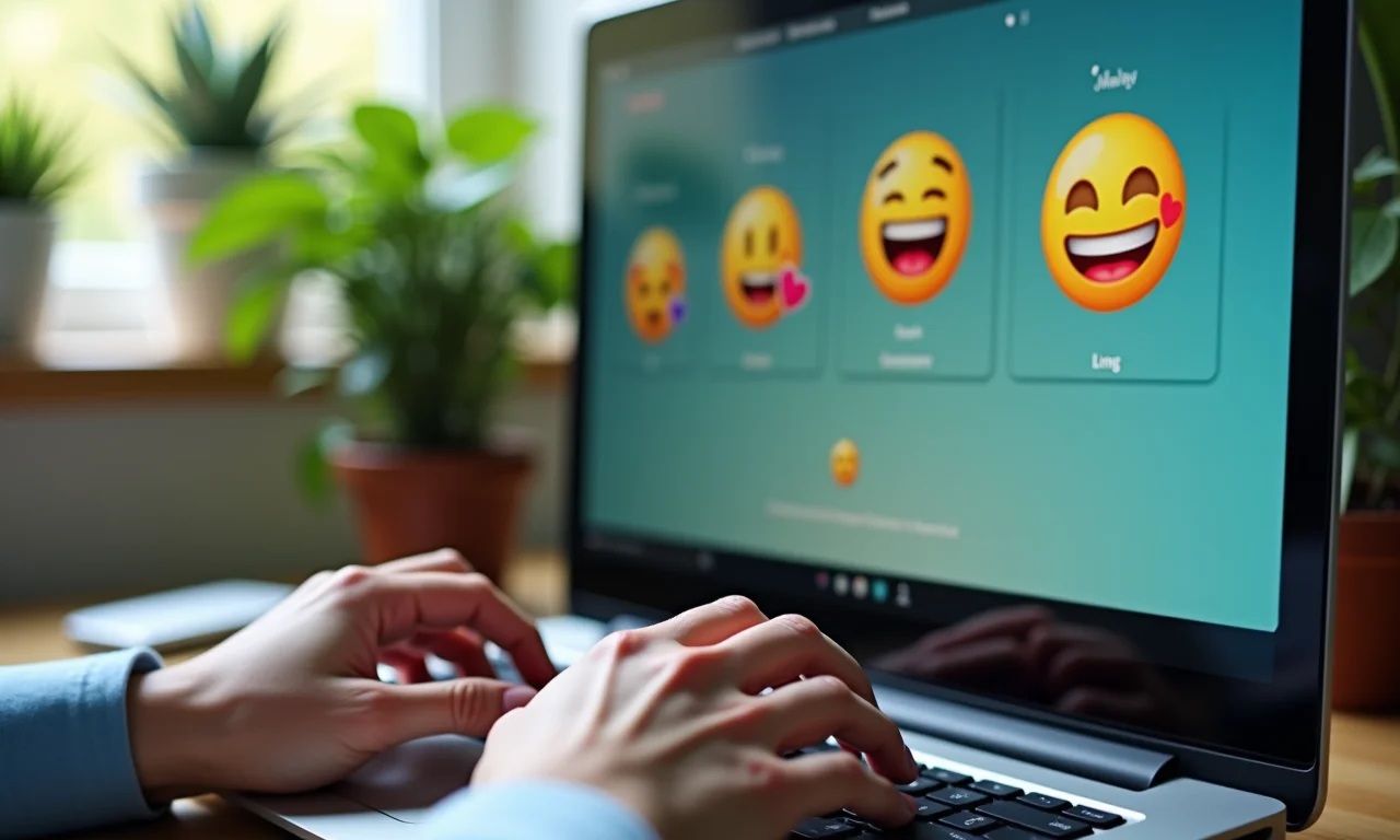 Mãos criando emoticons criativos em um teclado.