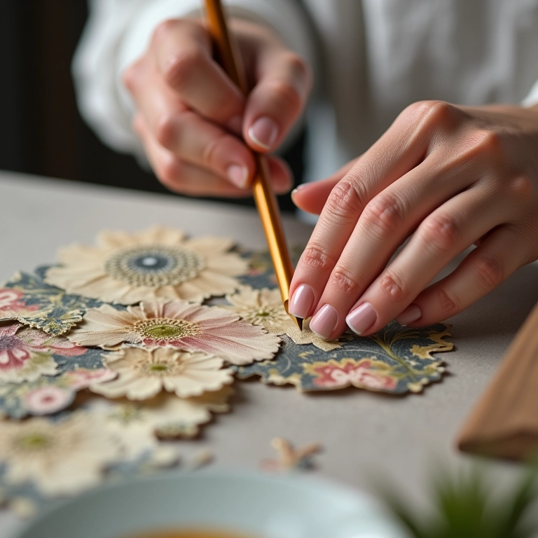 Mãos criando papel de parede personalizado em casa.
