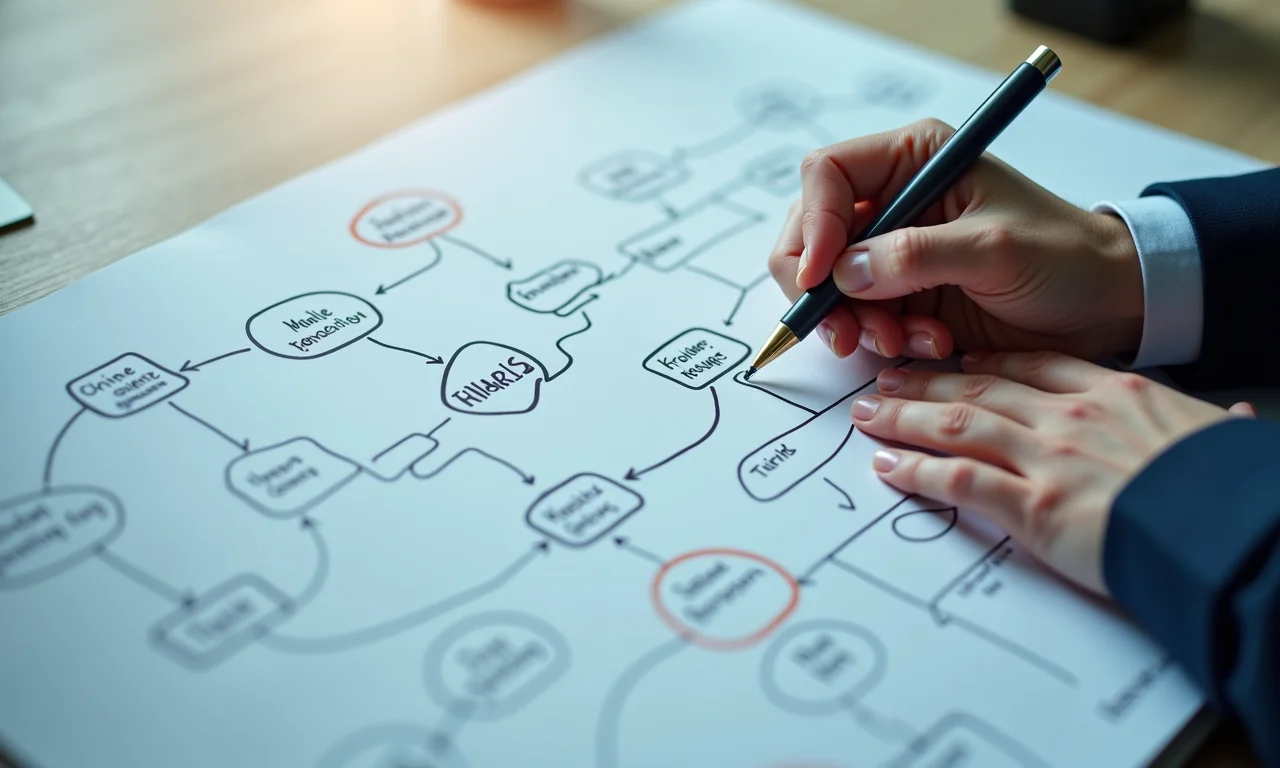 Mãos criando um mapa mental para delimitar o tema do TCC.