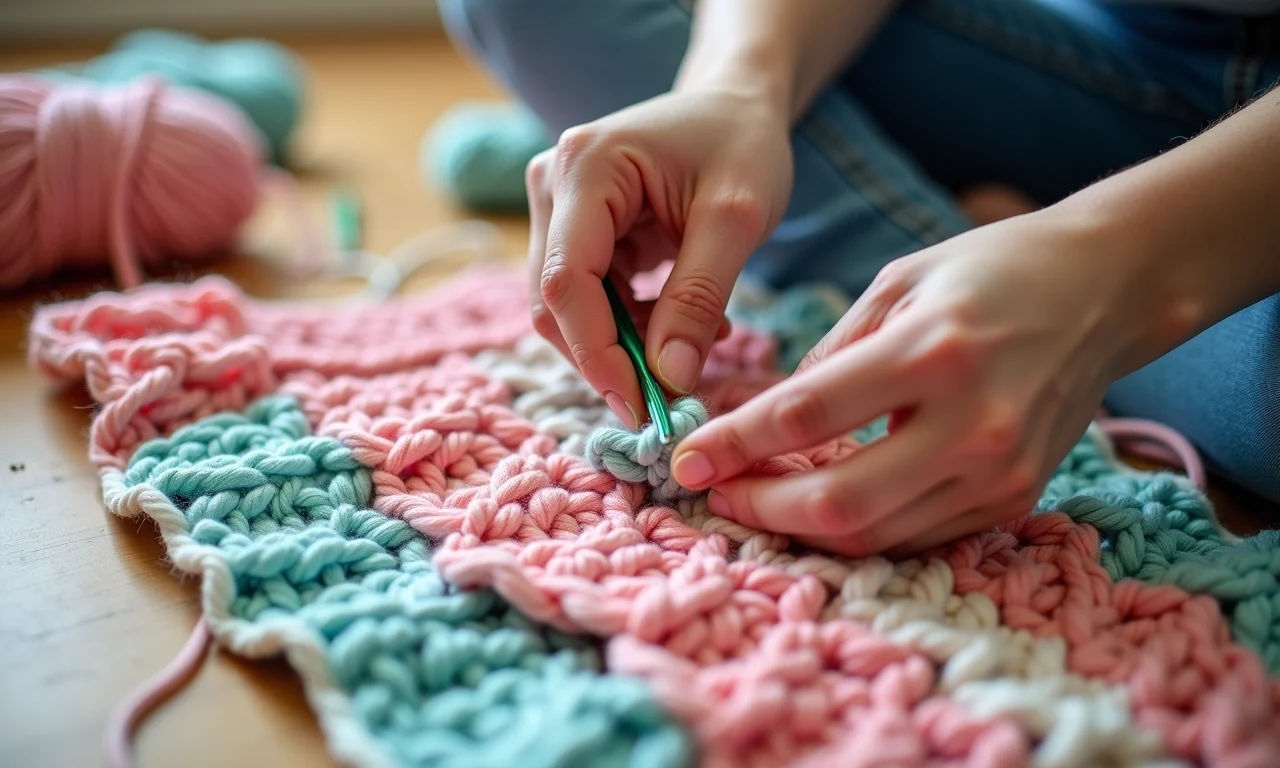 Mãos crocheted um tapete de banheiro com tiras de tecido e fios coloridos.