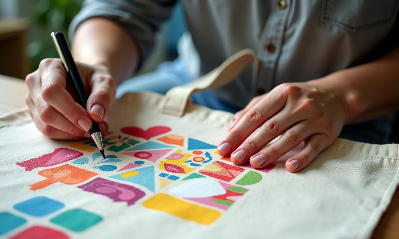 Mãos customizando bolsa de lona com tecido termocolante estampado.
