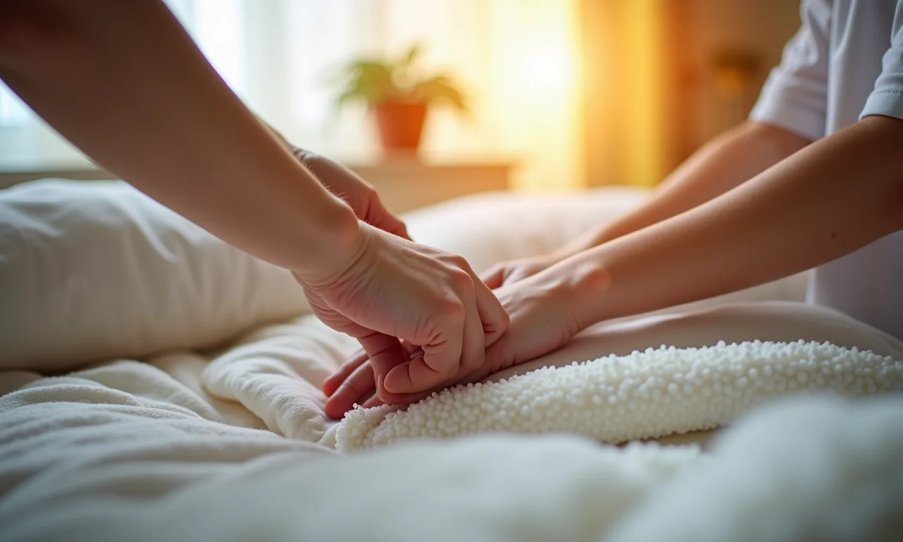 Mãos de especialista ajustando uma cama infantil macia, demonstrando cuidado.