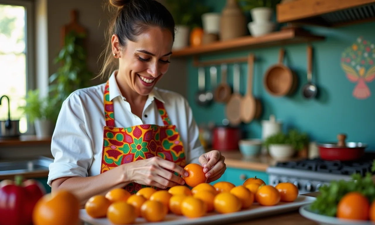 Mãos de especialista preparando beijinhos em cozinha colorida.