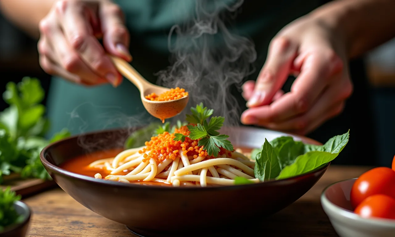Mãos de especialista temperando o caldo do pho bo com precisão.