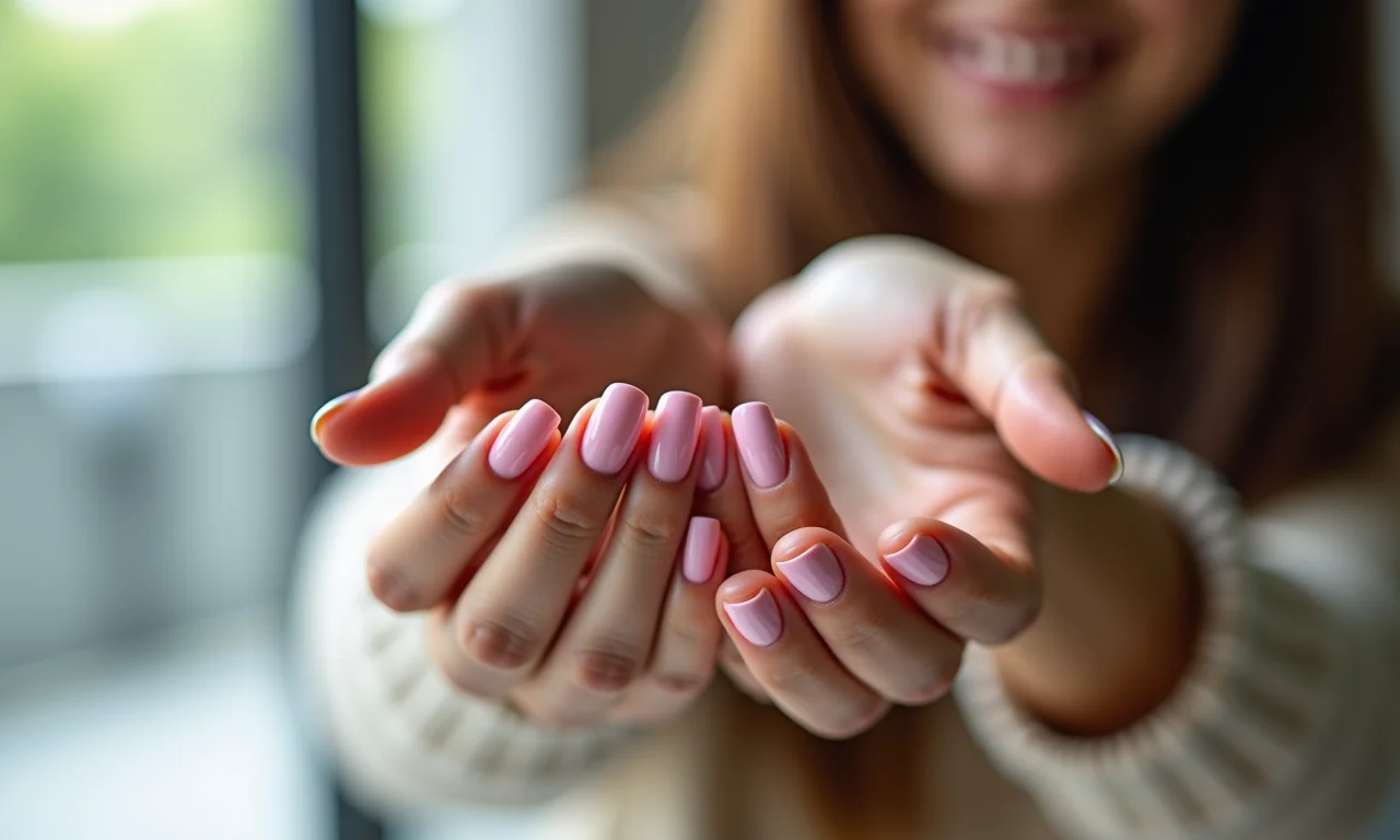 Mãos de mulher com unhas de gel em perfeito estado após várias semanas.