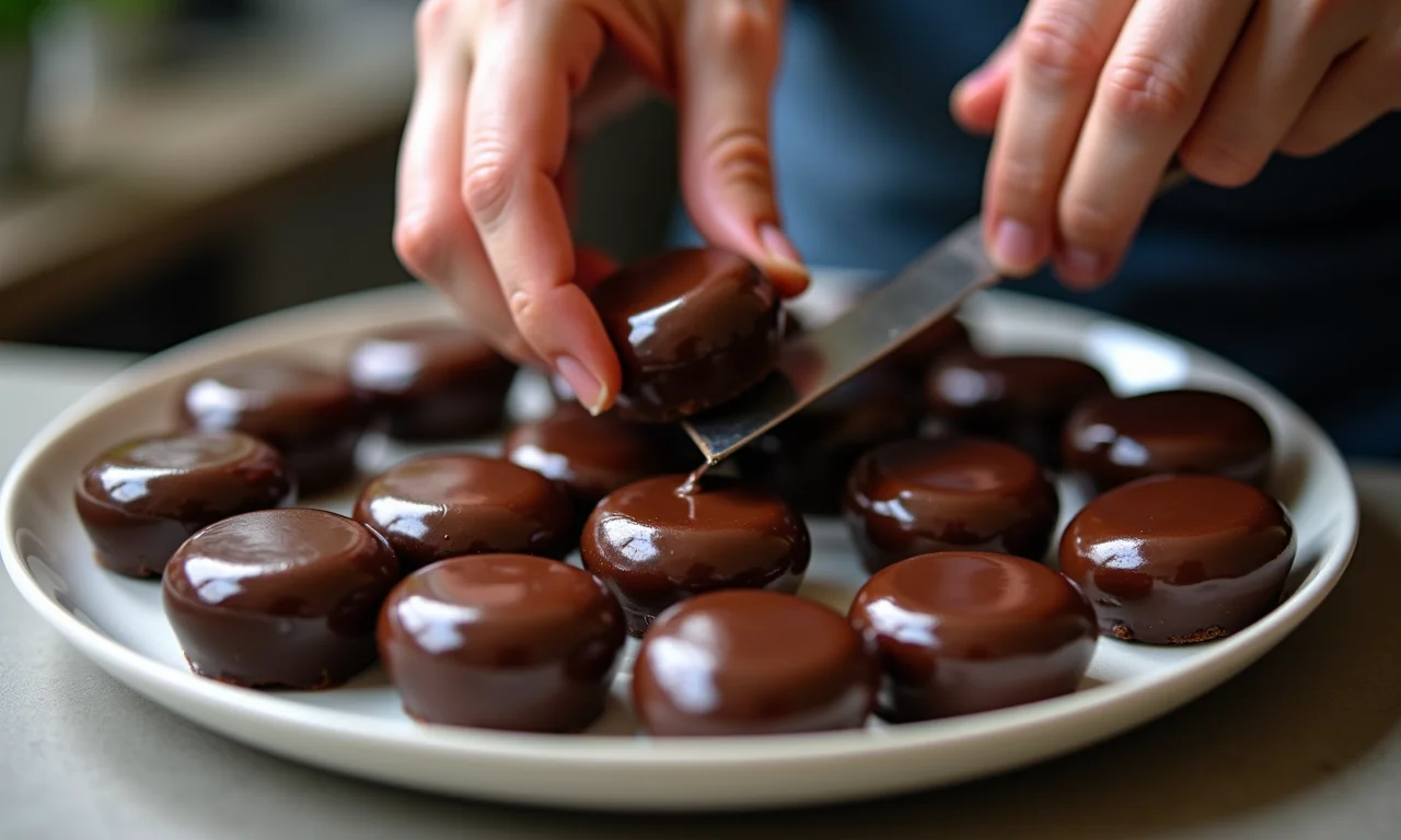 Mãos de um(a) confeiteiro(a) usando chocolate meio amargo para brigadeiro de microondas.