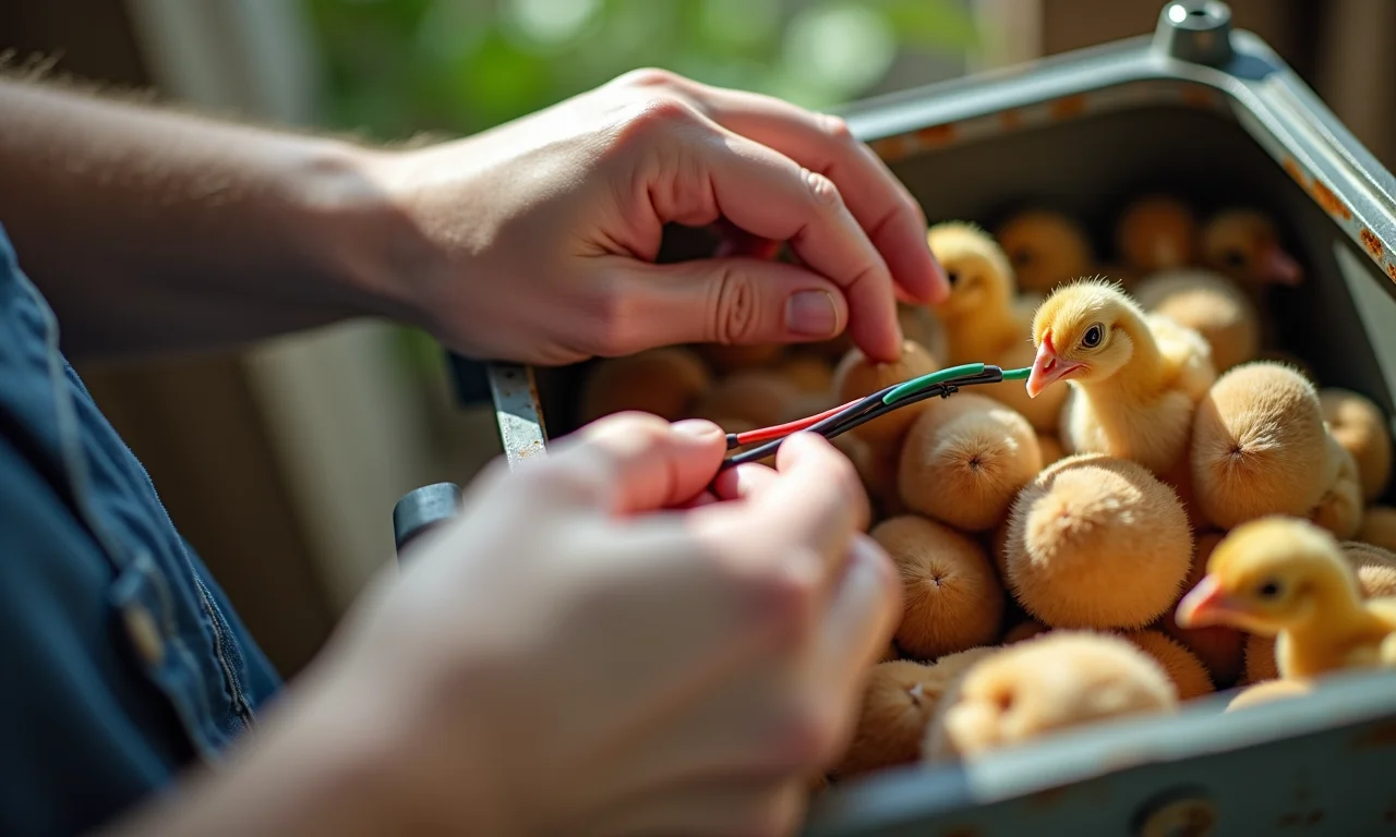 Mãos de uma mulher montando uma incubadora caseira, com foco na fiação.
