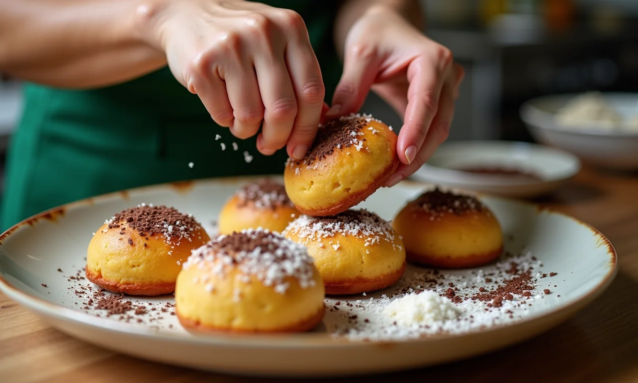 Mãos decorando um bolo prestígio com coco ralado.