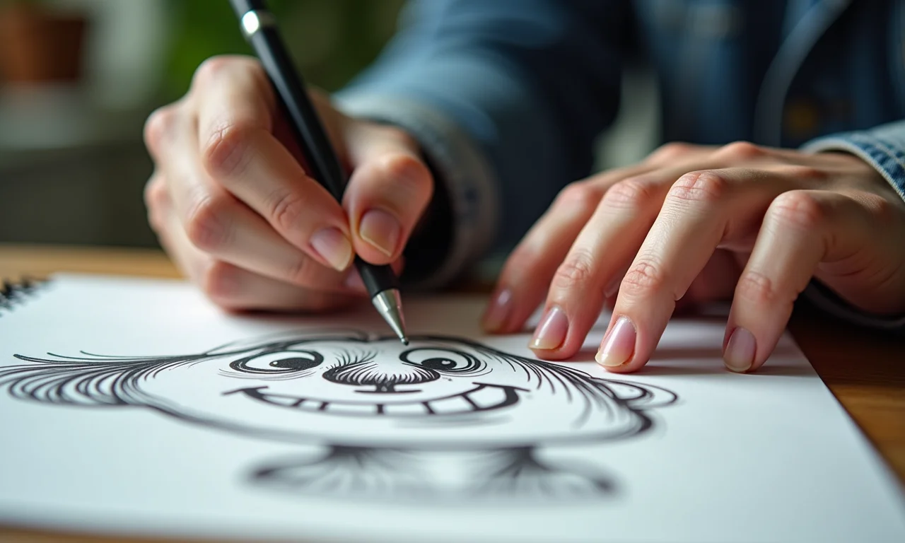 Mãos desenhando caricatura no papel, foco na emoção.