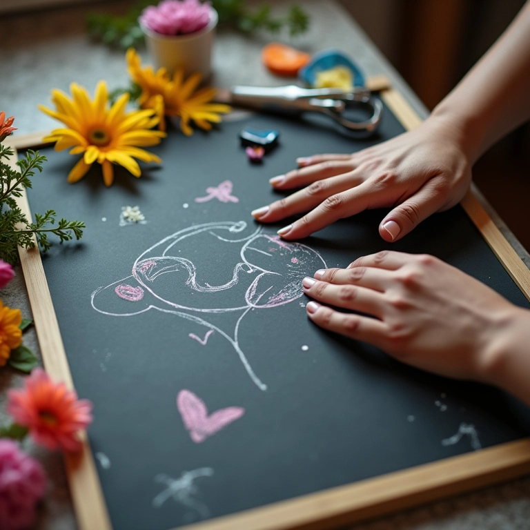 Mãos desenhando criativamente em um quadro negro.