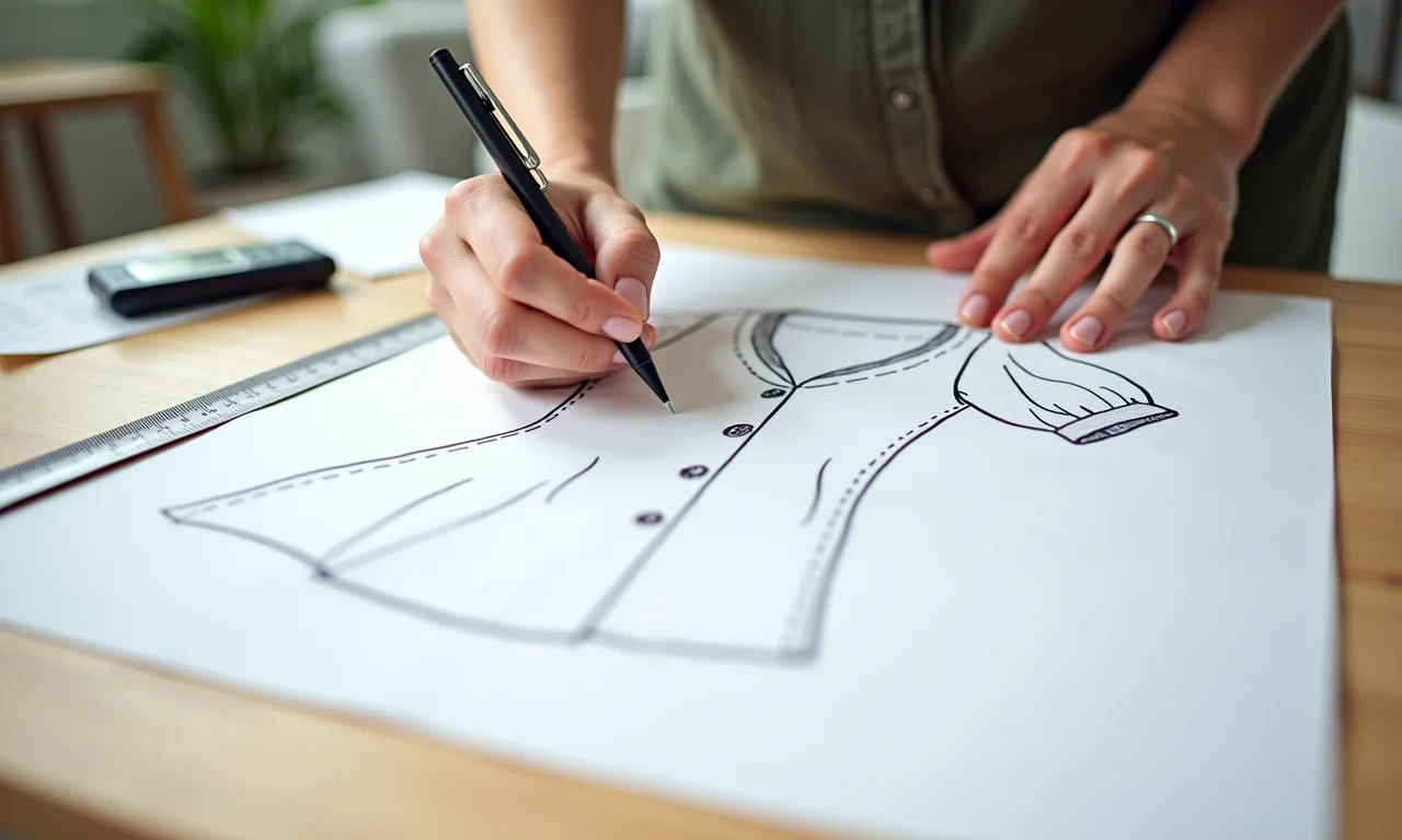 Mãos desenhando o molde da blusa ciganinha em papel.