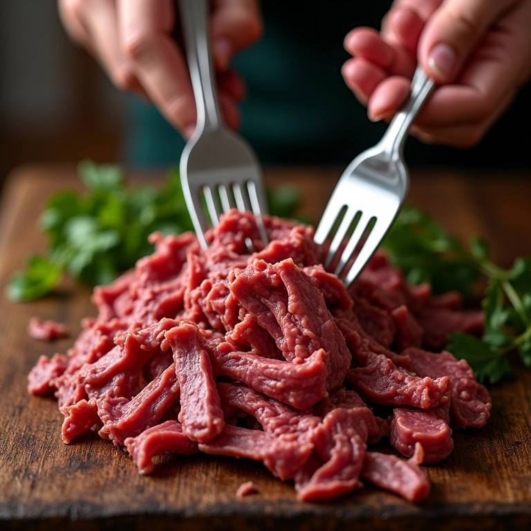 Mãos desfiando carne cozida com garfos para Carne Louca.