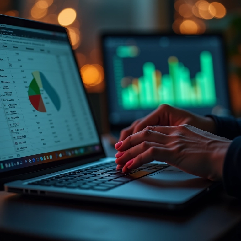 Mãos digitando dados no Excel, com erro em gráfico de setores visível na tela.