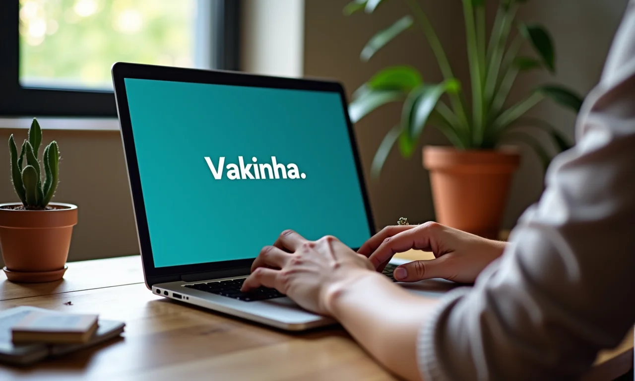 Mãos digitando em laptop com o site Vakinha aberto, ambiente de trabalho iluminado e acolhedor.
