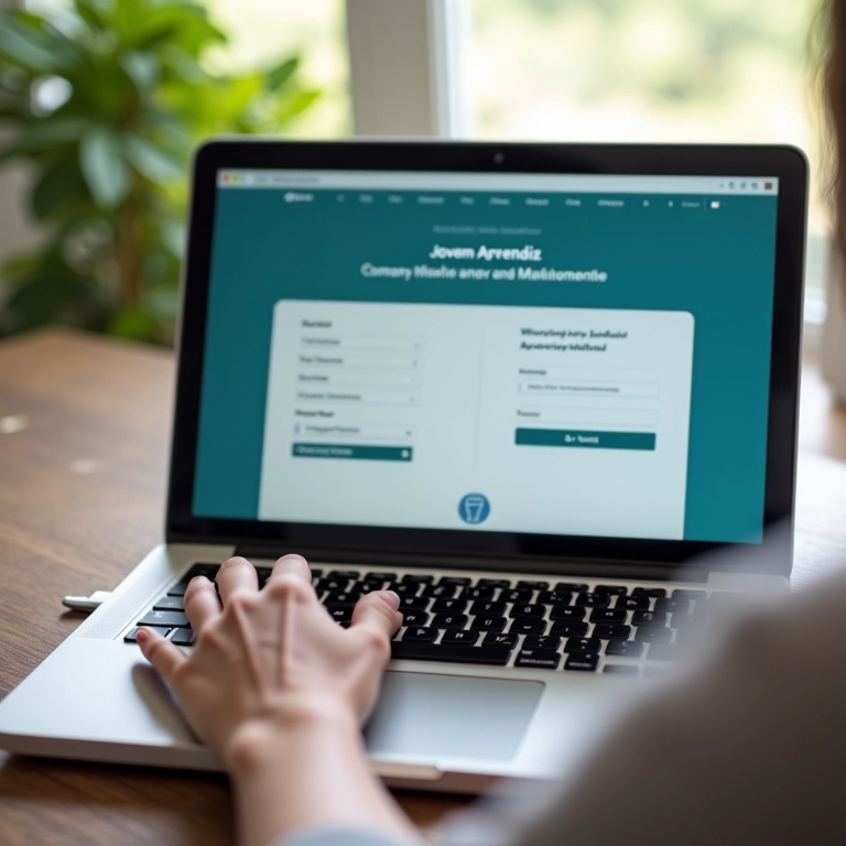 Mãos digitando em um site de inscrição para o Jovem Aprendiz.