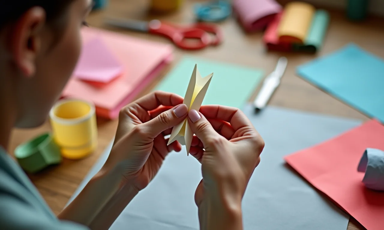 Mãos dobrando papel origami para criar um marcador de texto.