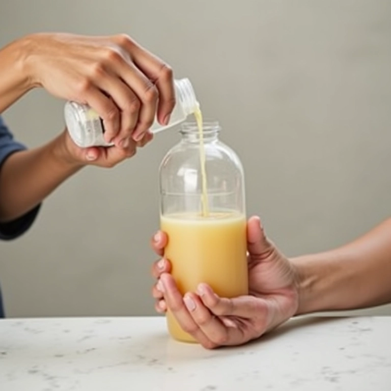 Mãos enchendo frasco reutilizável com shampoo caseiro.