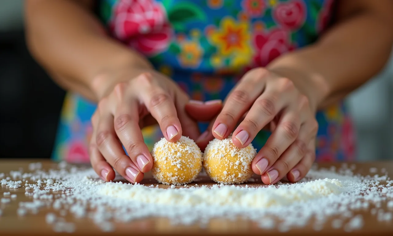 Mãos enrolando beijinhos e passando no coco ralado.