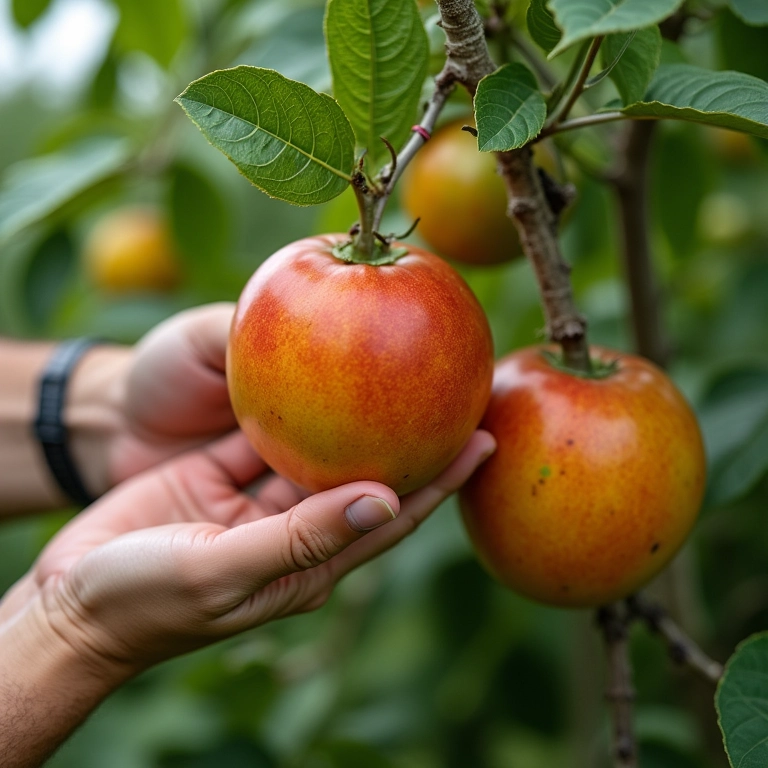 Mãos enxertando árvore frutífera, mostrando os benefícios da técnica.