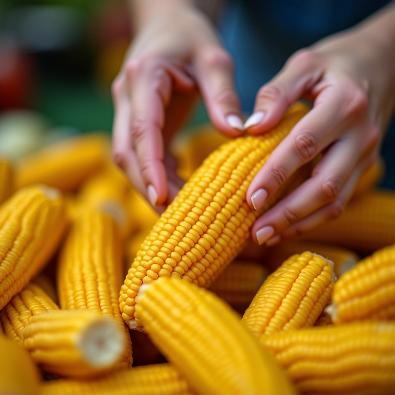 Mãos escolhendo espigas de milho em feira livre.