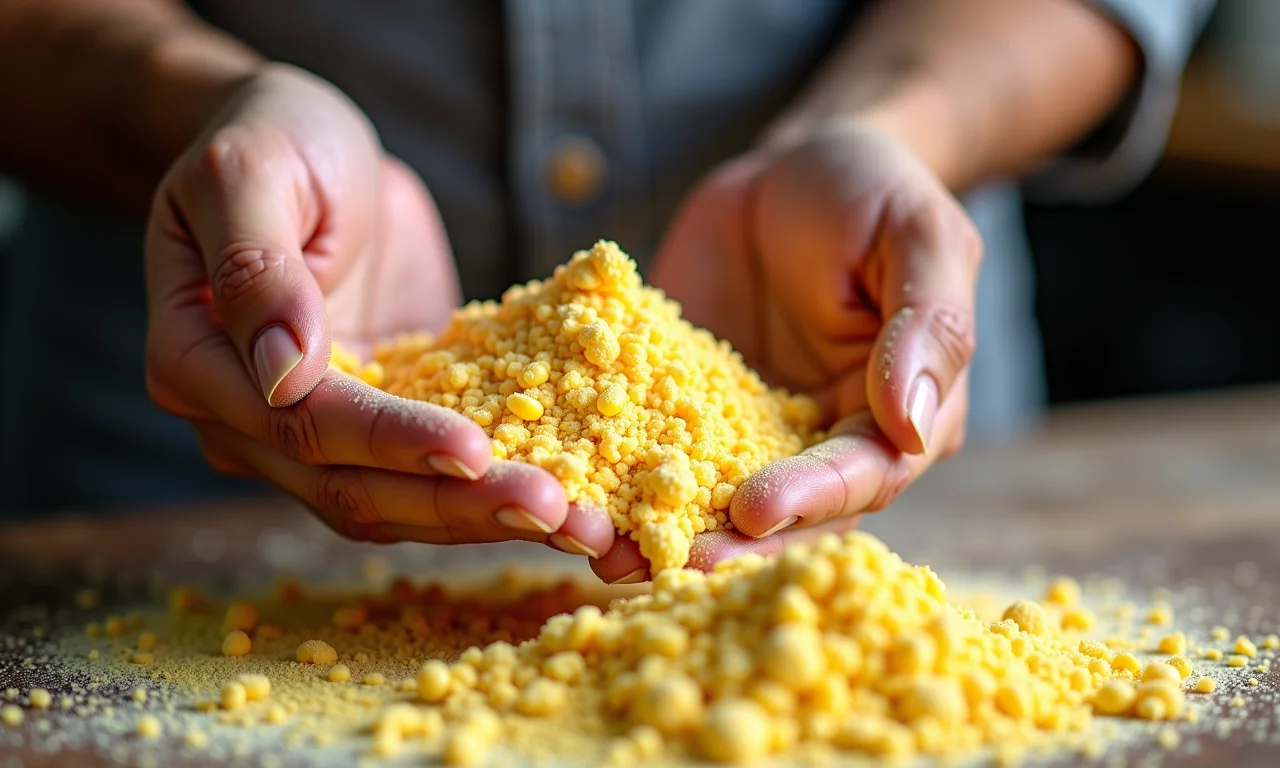 Mãos escolhendo farinha de milho para cuscuz paulista.