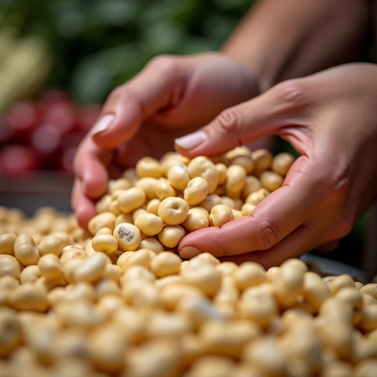 Mãos escolhendo feijão branco em um mercado.