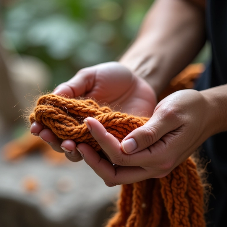 Mãos escondendo os fios e arrematando os pontos em um acabamento perfeito.