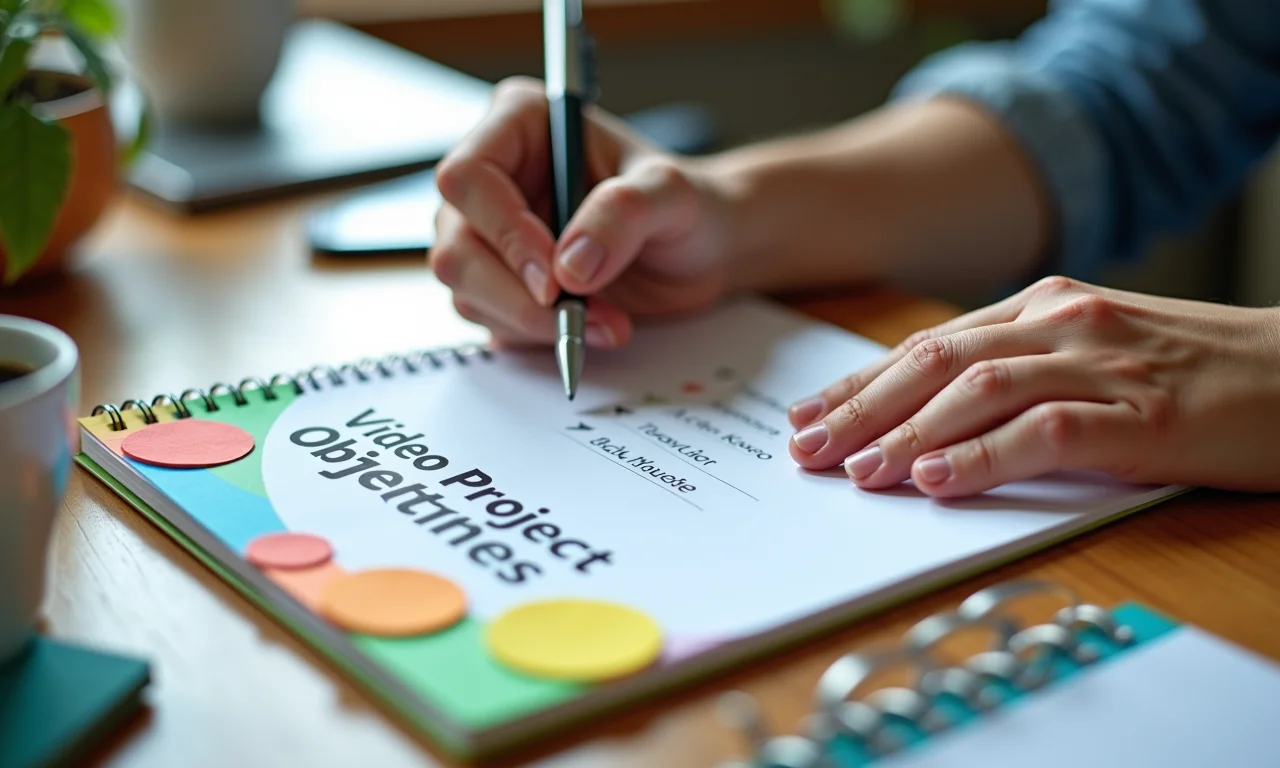 Mãos escrevendo objetivos de projeto de vídeo em bloco de notas colorido.
