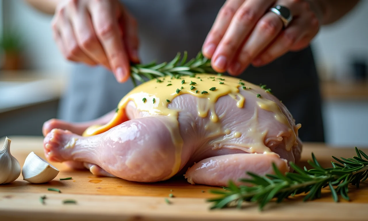 Mãos espalhando manteiga temperada sob a pele de frango cru.