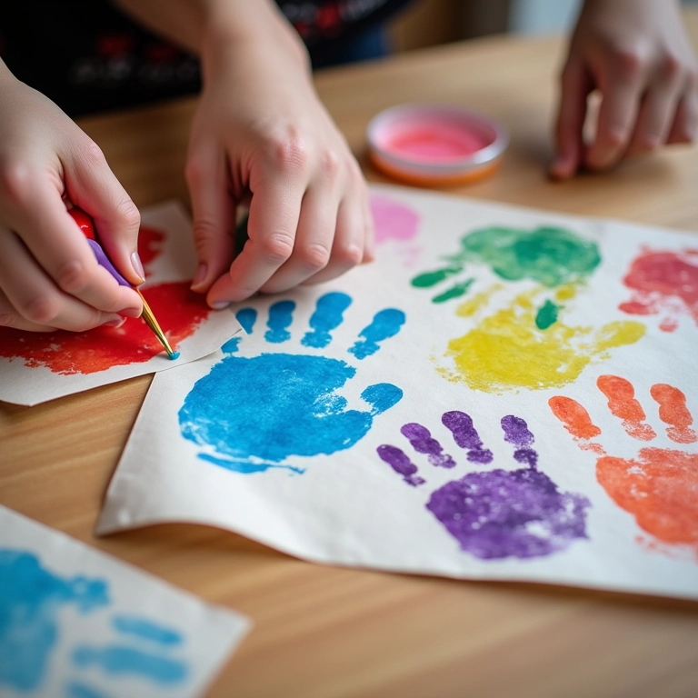 Mãos estampando capa de TNT com estêncil.