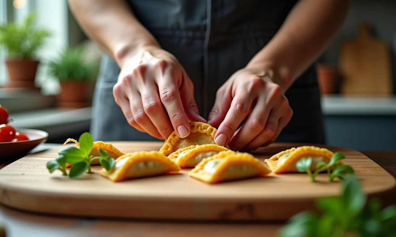 Mãos experientes moldando gyoza com precisão em cozinha brasileira.