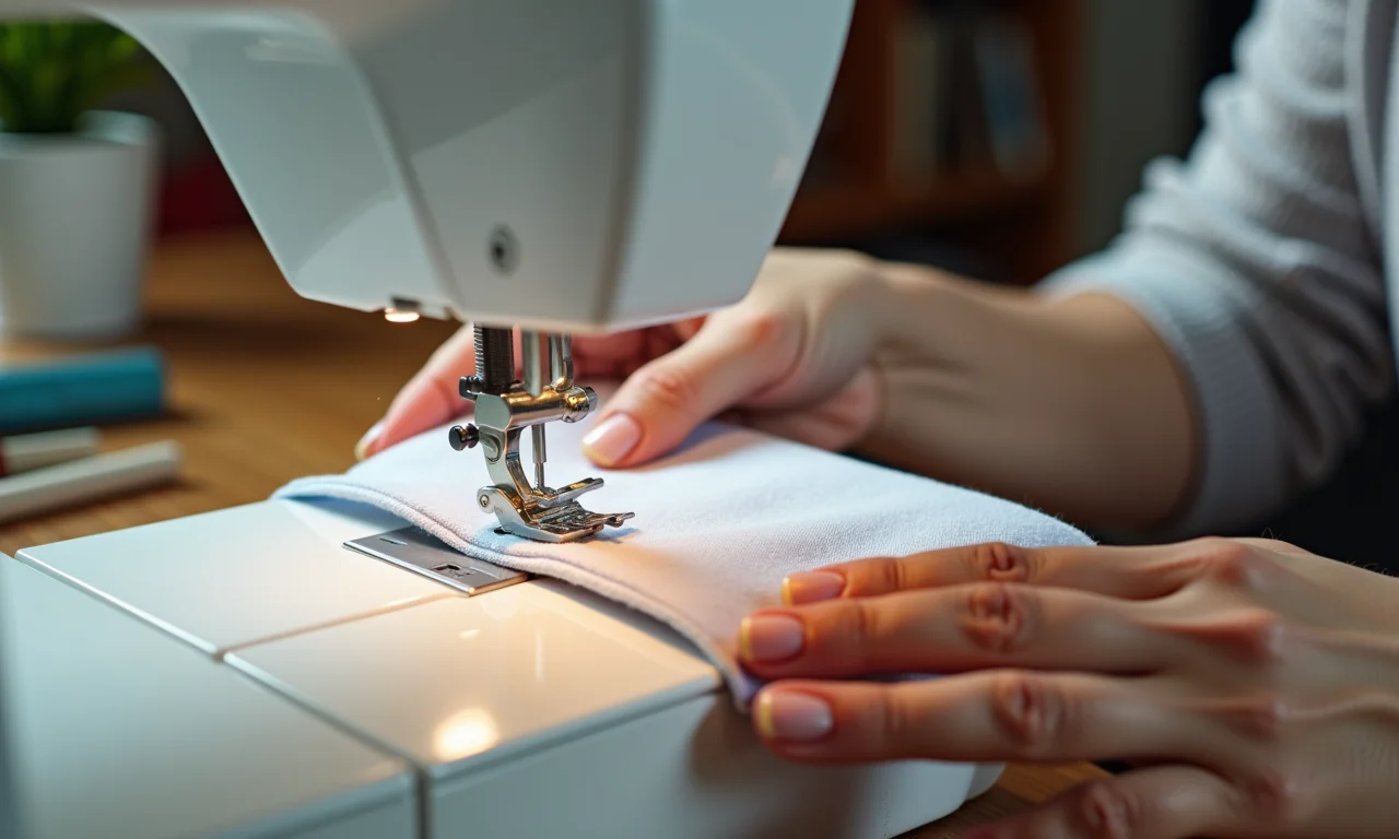 Mãos femininas costurando porta fraldas de tecido em máquina de costura.