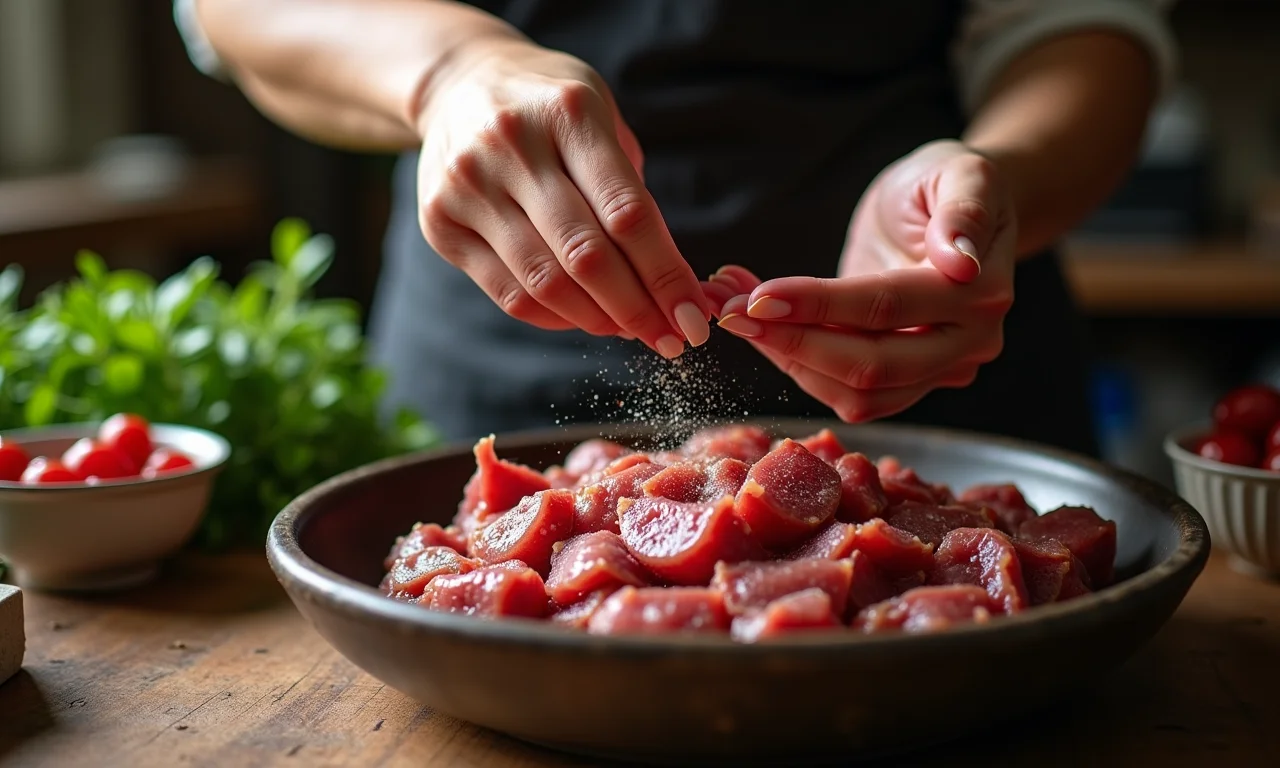 Mãos femininas dessalgando carne seca em uma cozinha rústica.