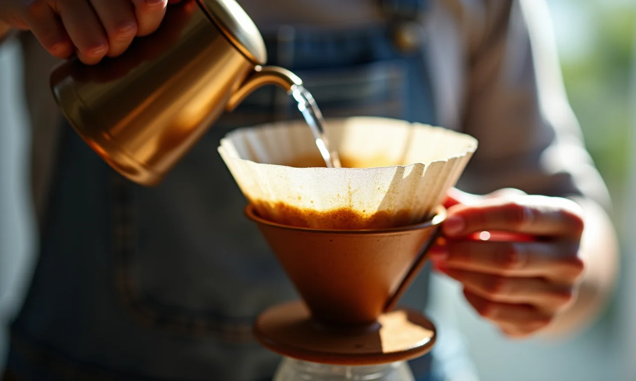 Mãos femininas preparando café coado em pano com água quente.