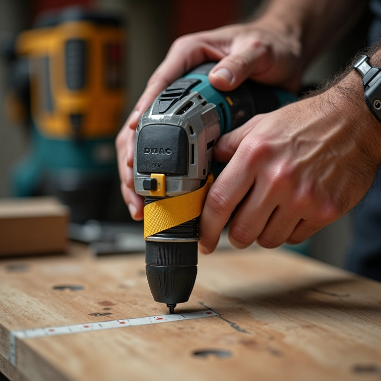 Mãos fixando coletor de pó caseiro na furadeira com fita adesiva.