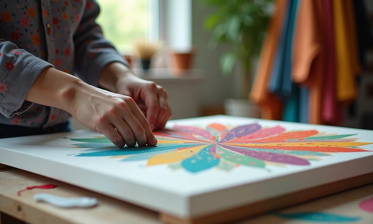 Mãos fixando tecido em moldura de tela para quadro decorativo.