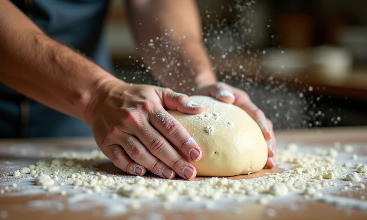 Mãos fortes sovando a massa do pão de doce.